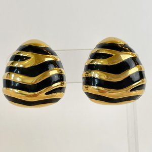 Gem-Craft Earrings Vintage 80s 90s Big Gold Plated Black Zebra Print Clip On